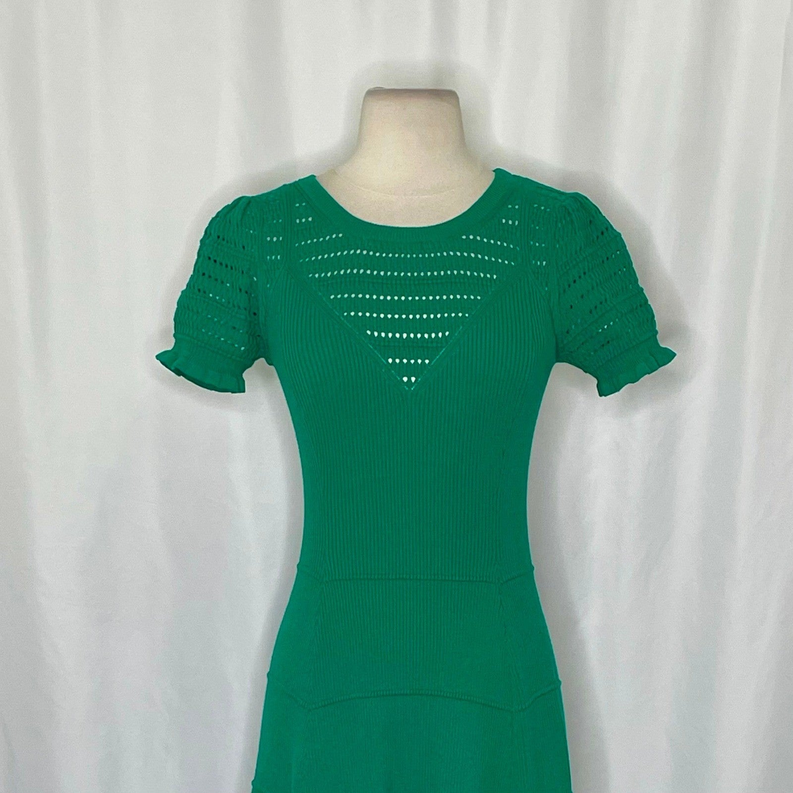 Anthropologie MAEVE Promenade Pointelle Knit Dress Solid Green Flirty X-Small
