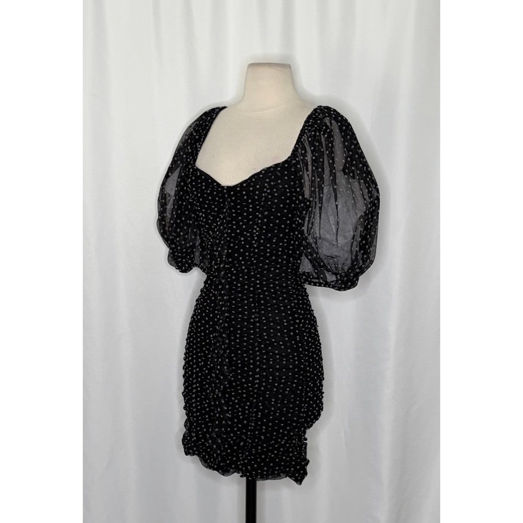 ZARA Chiffon Black Polka Dot Ruched Mini Dress Black Gray Party Blogger Small
