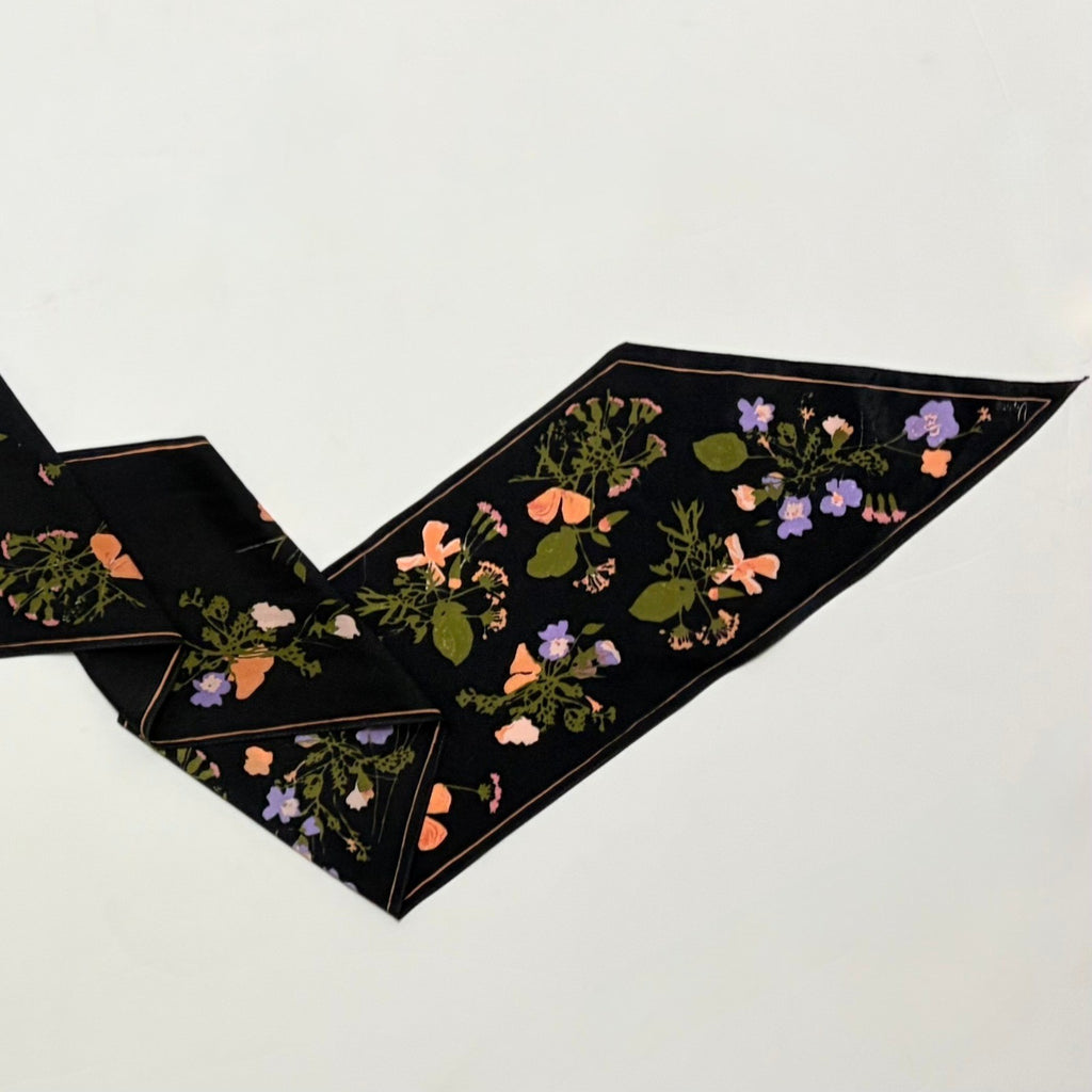 Vintage VERA NEUMANN Rectangle Floral Scarf Black Accessory Twilly Pink Green