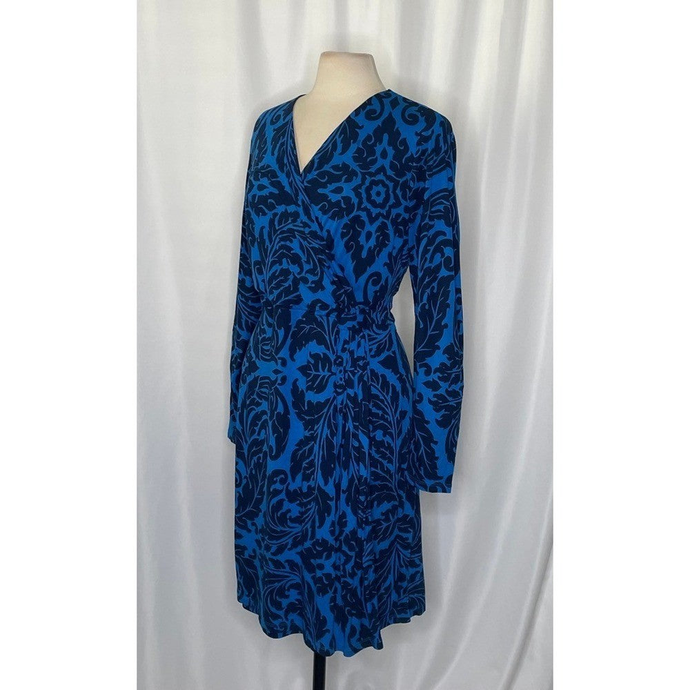 BODEN Henrietta Faux Wrap Day Dress Navy Royal Blue Scroll Print Size 12