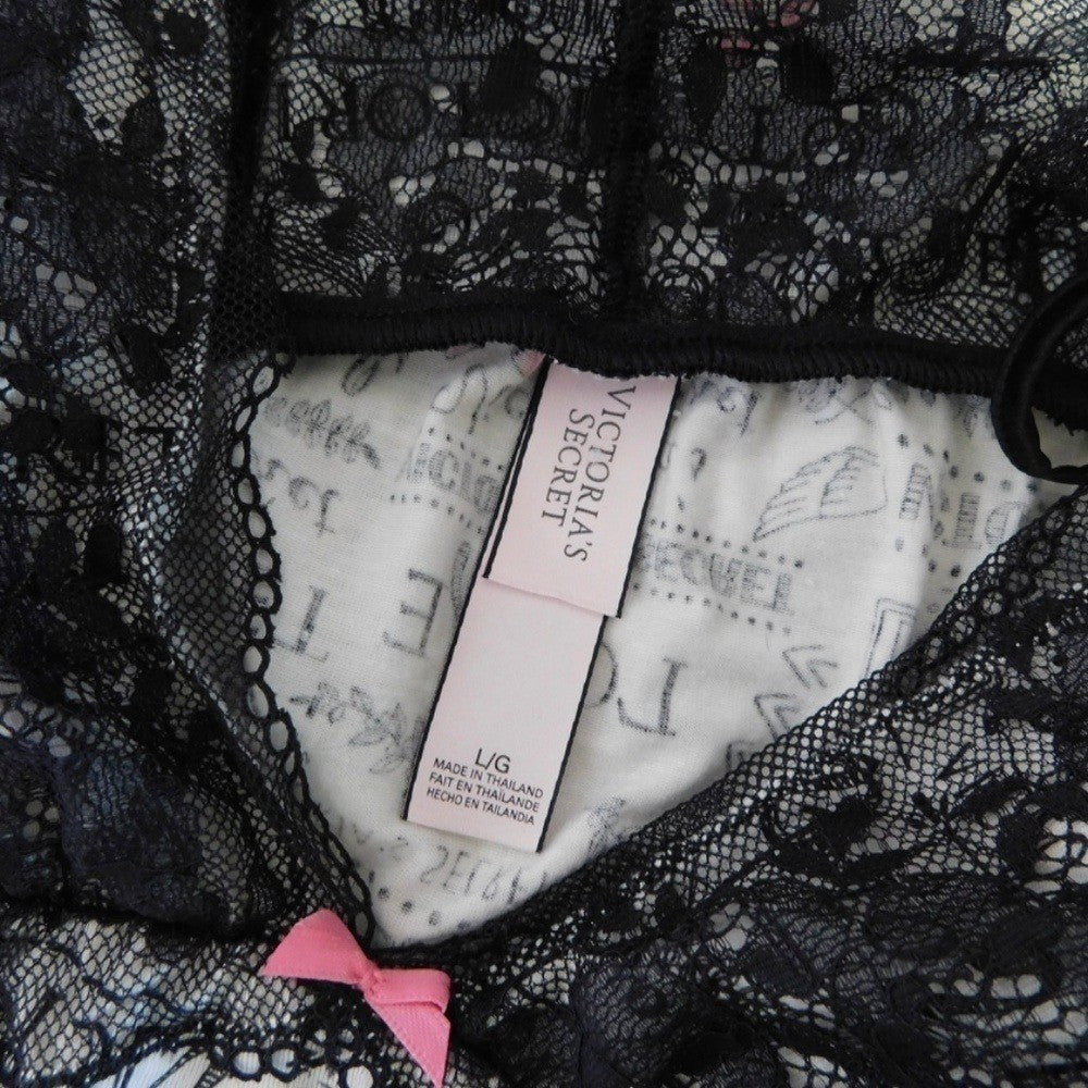 VICTORIA'S SECRET Black Floral Lace Script Print Chemise Gown Nightgown Large