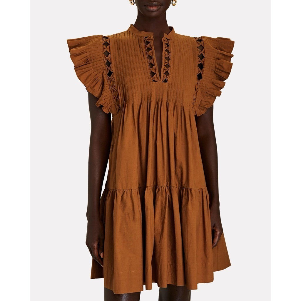 SEA New York Phoebe Ruffled Flutter Sleeve Dress Poplin Pleated Brown Small