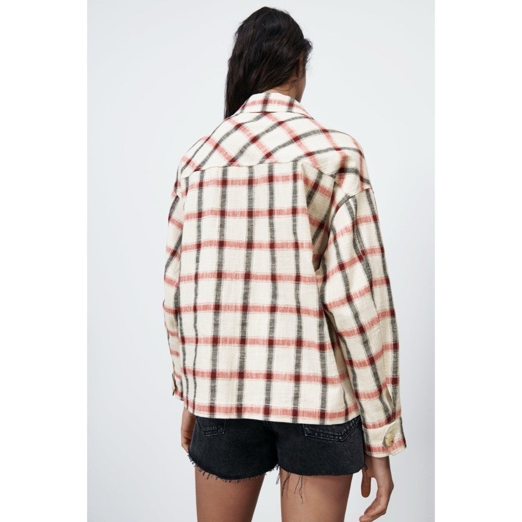 NWT!! ZARA Plaid Oversized Buttondown Shirt Red White Black Pockets Retro Small