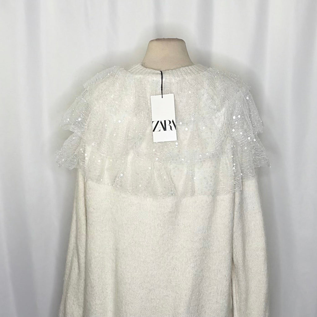 NWT!! ZARA Chic Tulle Ruffled Sequins Knit Sweater Off White Pullover Medium