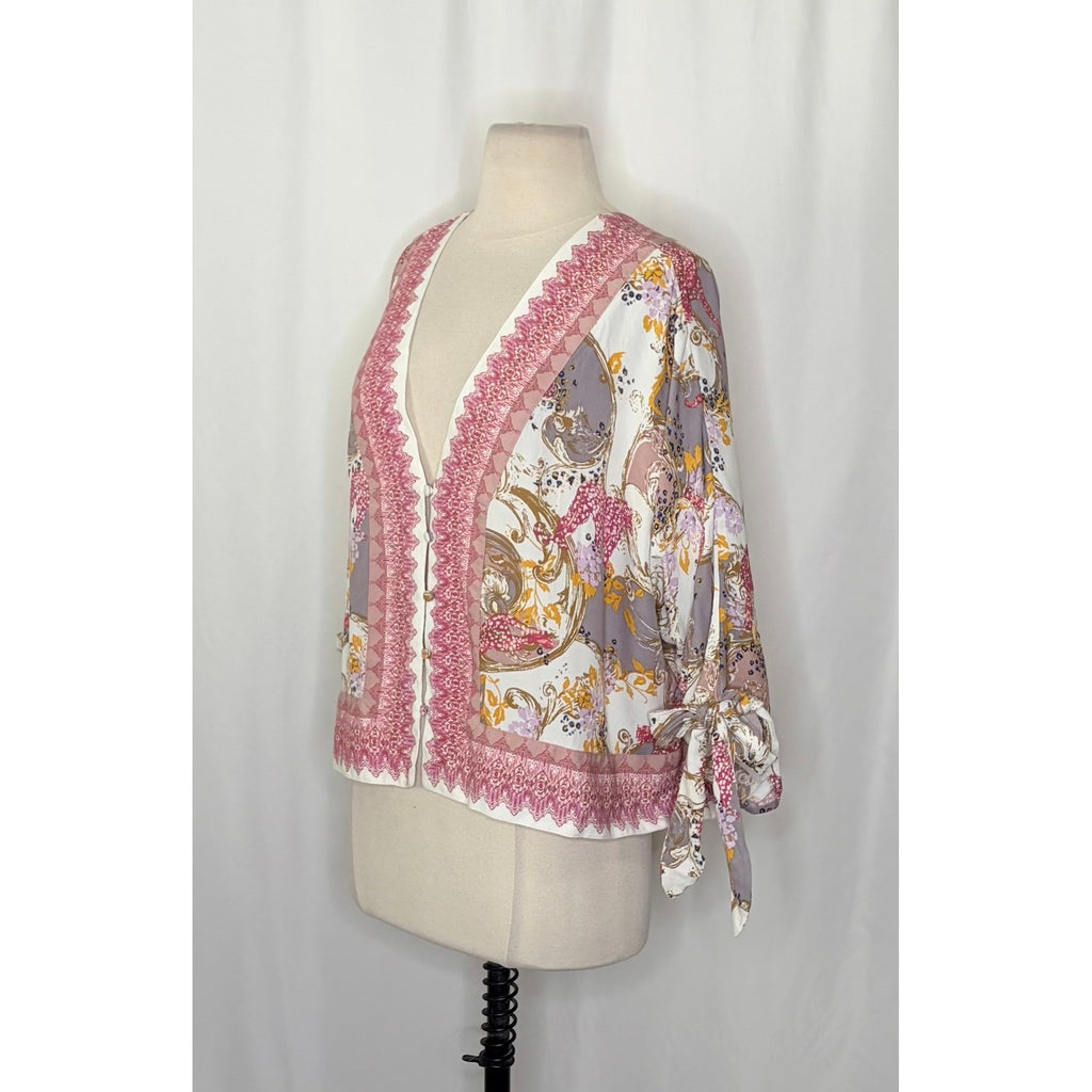 FREE PEOPLE Catch Me If You Can Top Blouse Boho Floral Tie Sleeves Pink Small