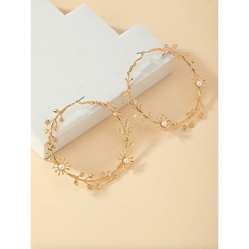 NEW!! Gold Leaf Pearl Hoop Earrings Large Round Floral Boho Circle Pearls Bridal