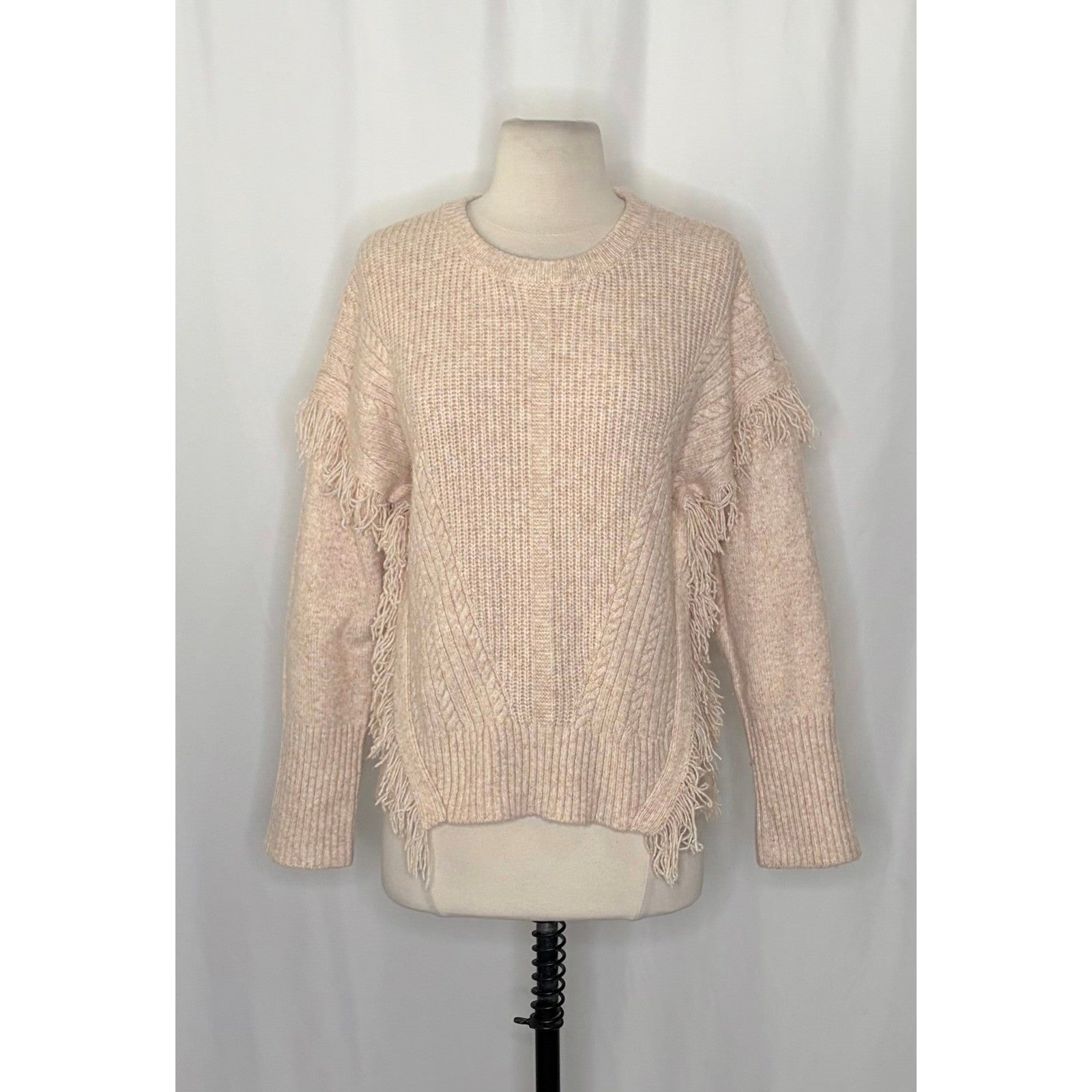 By ANTHROPOLOGIE Josey Fringe Sweater Marled Pink Pink Crew Neck Wool Small