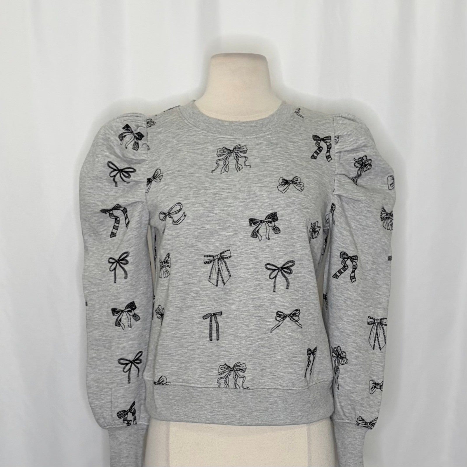 Anthropologie MAEVE Puff Sleeve Embroidered Bow Pattern Sweatshirt Top Small
