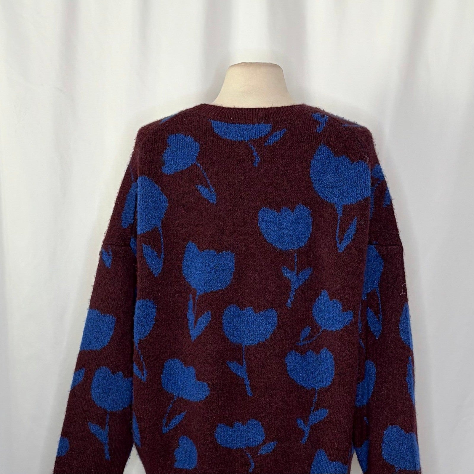 SCOTCH & SODA Crewneck Tulip Intarsia Pullover Sweater Burgundy Blue Large