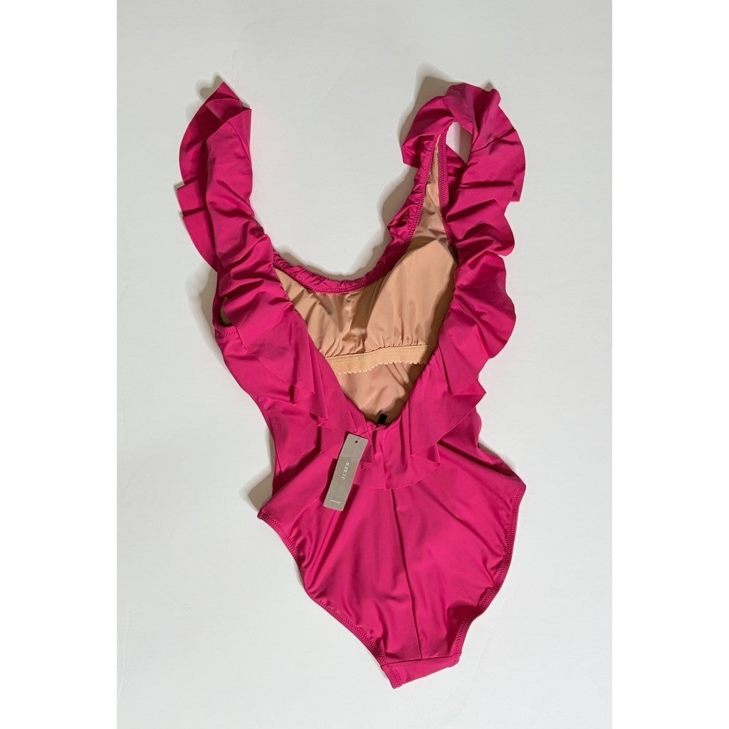 NWT!! J. CREW Ruffle Scoopneck One Piece Swimsuit Solid Hot Pink Vacation Size 4