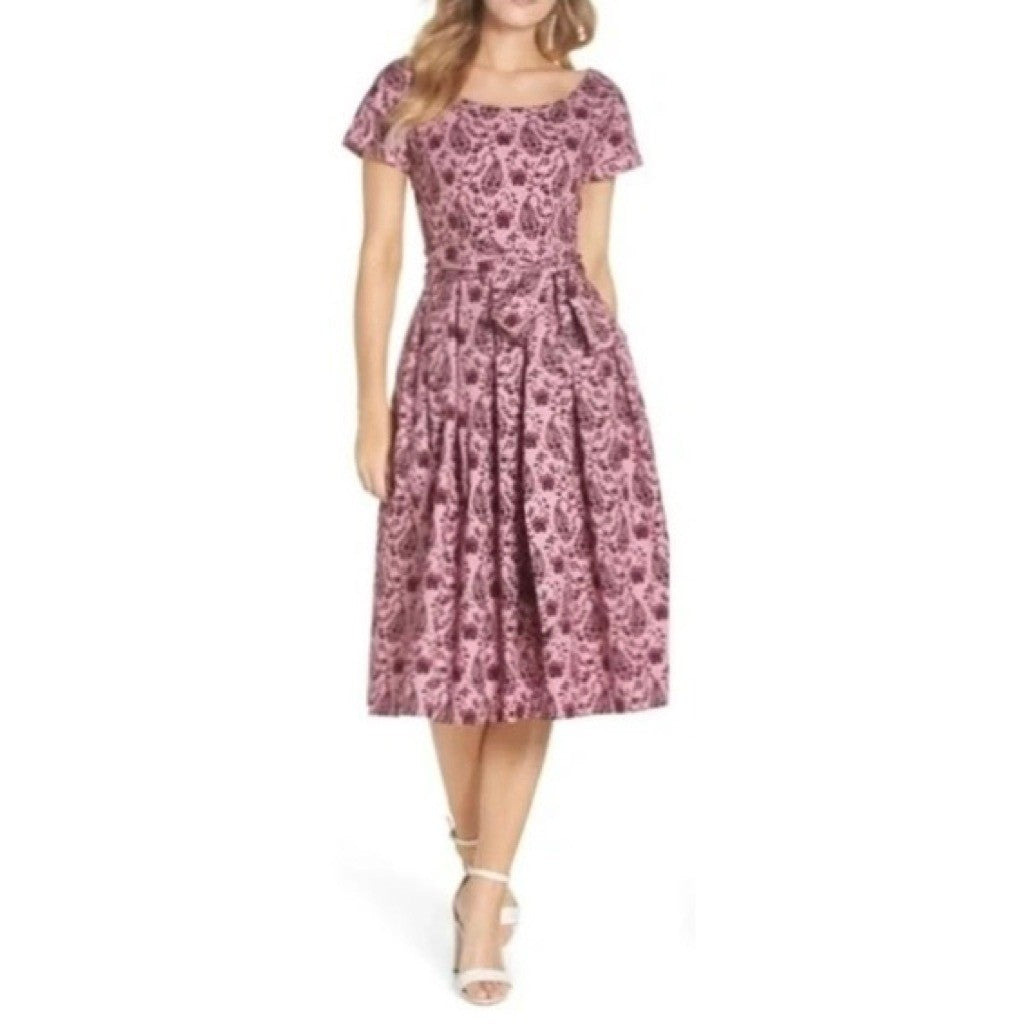 GAL MEETS GLAM Hallie Dress Paisley Floral Pink Purple Box Pleats Pockets Size 8