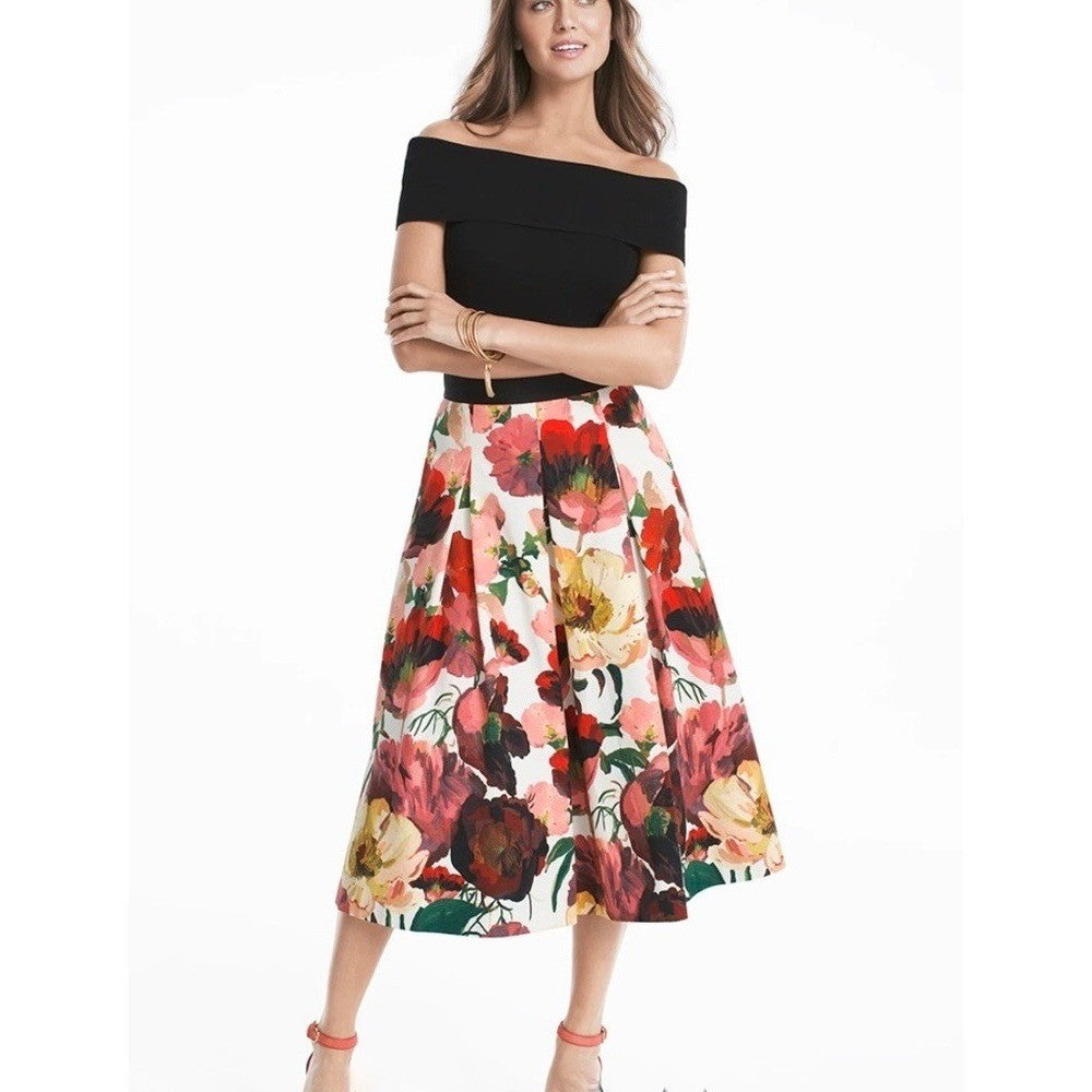 WHBM Floral Midi Skirt Pleated White House Black Market Poppy Poppies Size 6