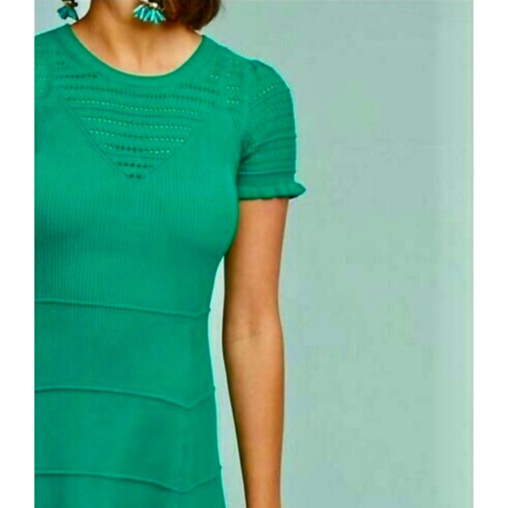 Anthropologie MAEVE Promenade Pointelle Knit Dress Solid Green Flirty X-Small