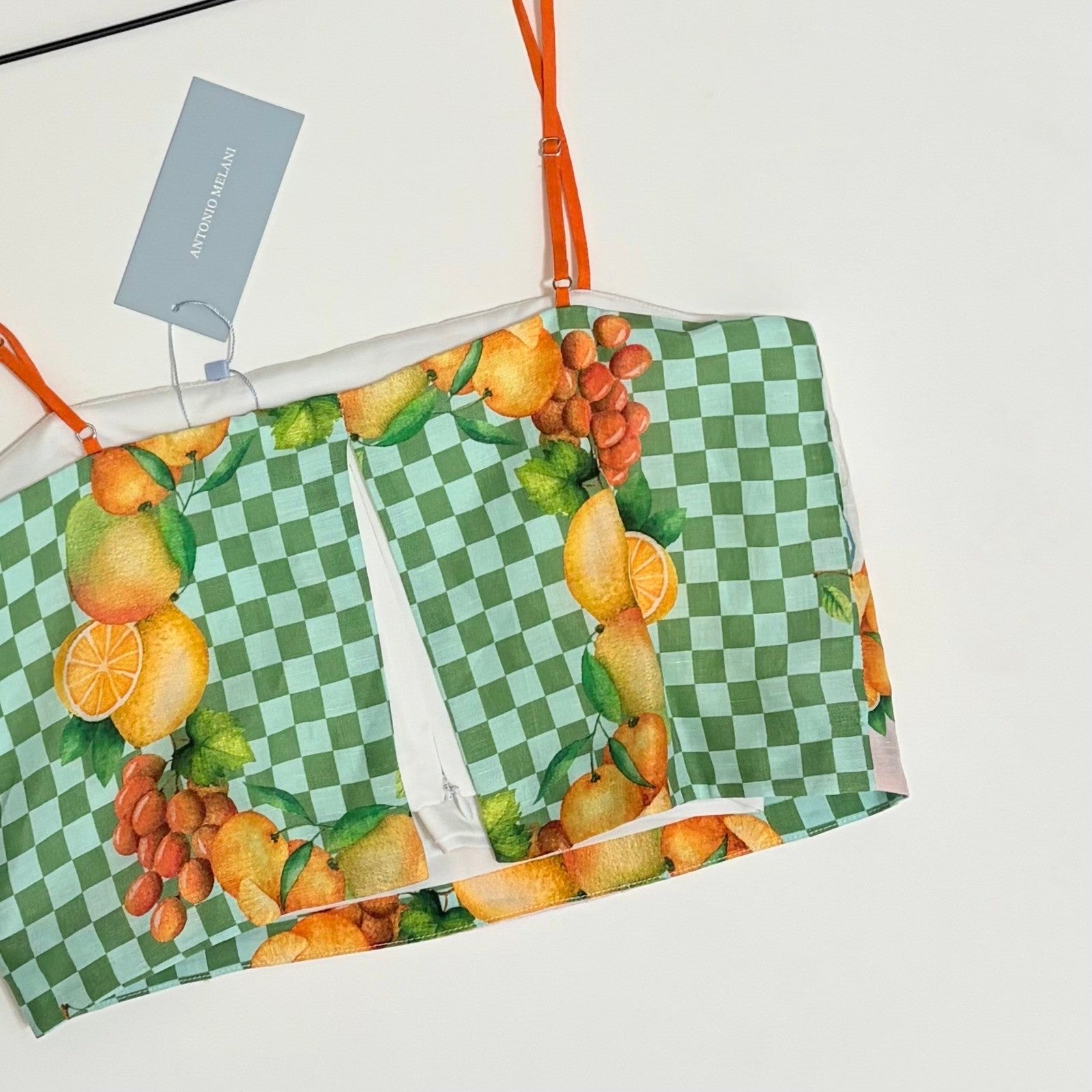 NWT!! ANTONIO MELANI Callista Cropped Linen Top Citrus Bliss Fruit Checkered 0