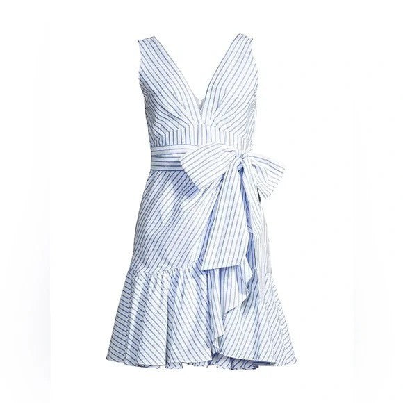 REBECCA TAYLOR Sleeveless Stripe Linen Wrap Dress Ruffle White Milk Blue Sky 4