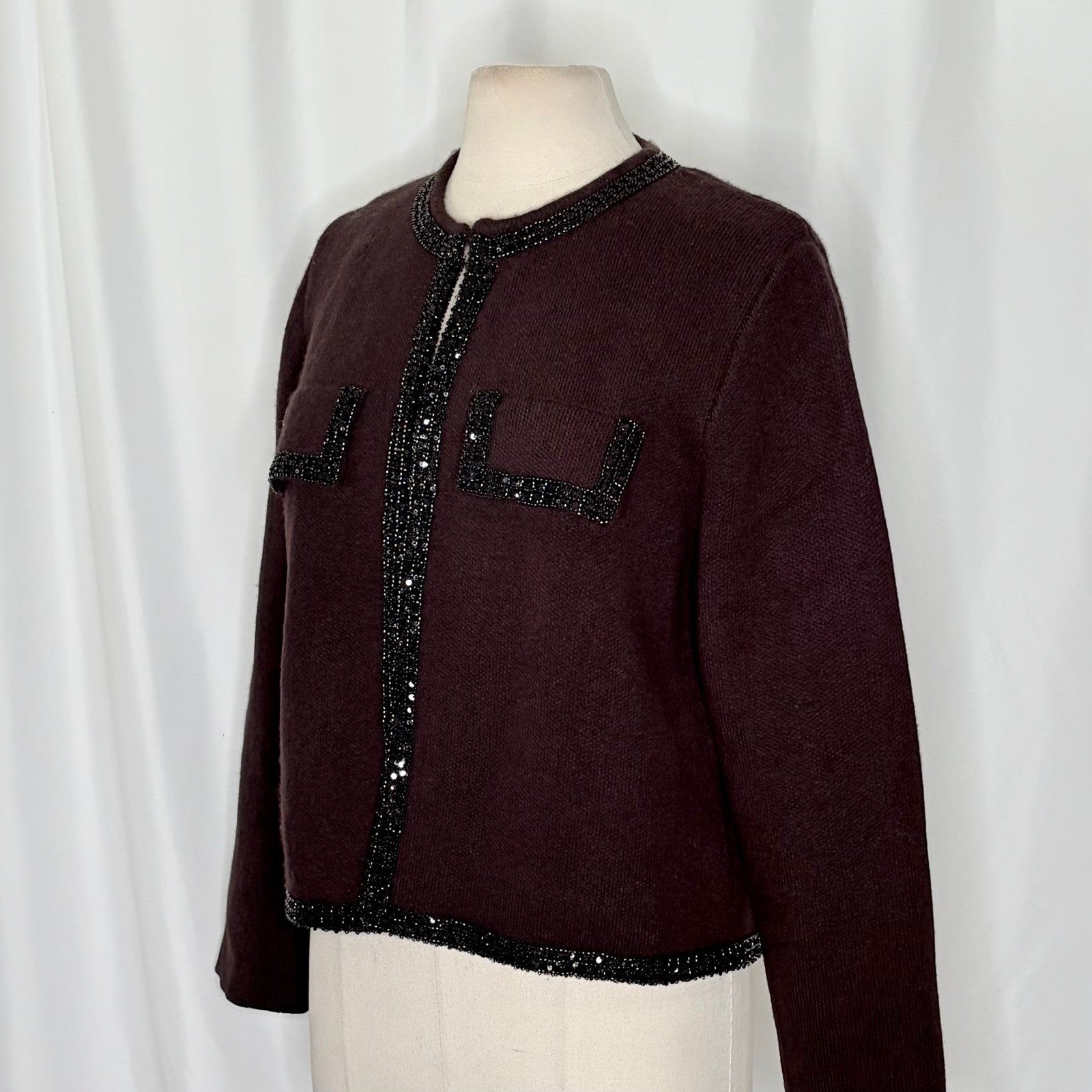 ZARA Wool Beaded Cardigan Sweater Knitwear Embellished Cropped Solid X-Large