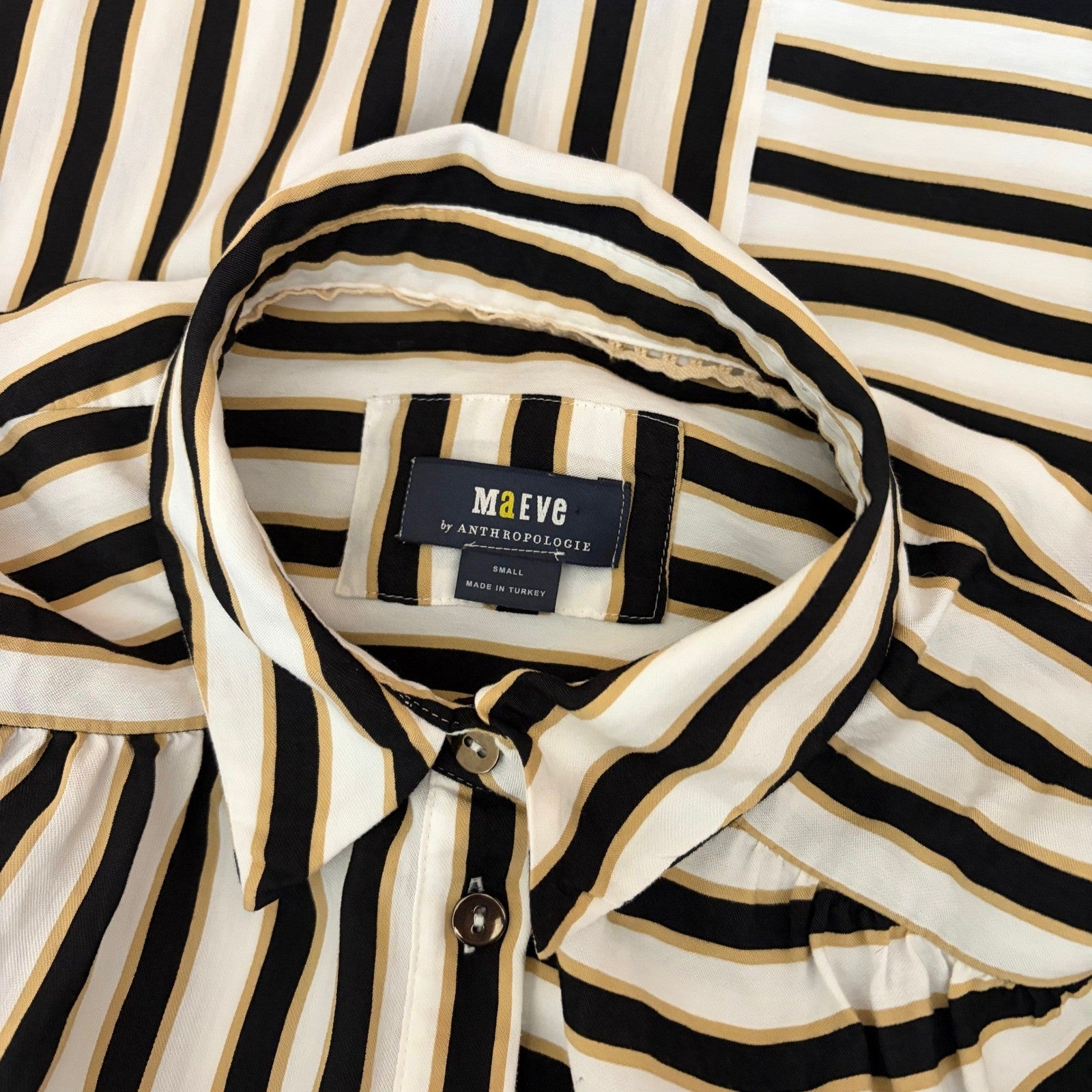 Anthropologie MAEVE Silky Striped Buttondown Black White Tan Button Down Small