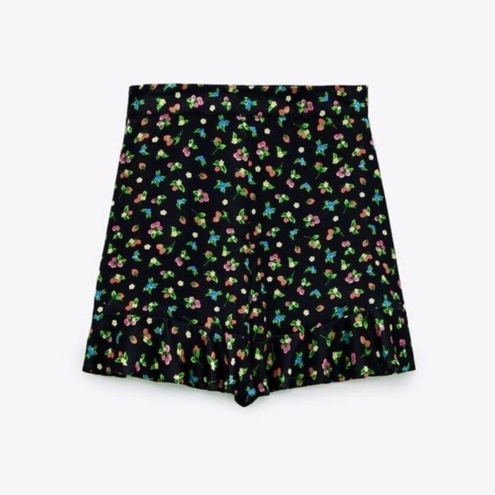 ZARA Black Floral Fruit Berries Ruffled Satin Shorts Skort Satin Summer X-Small