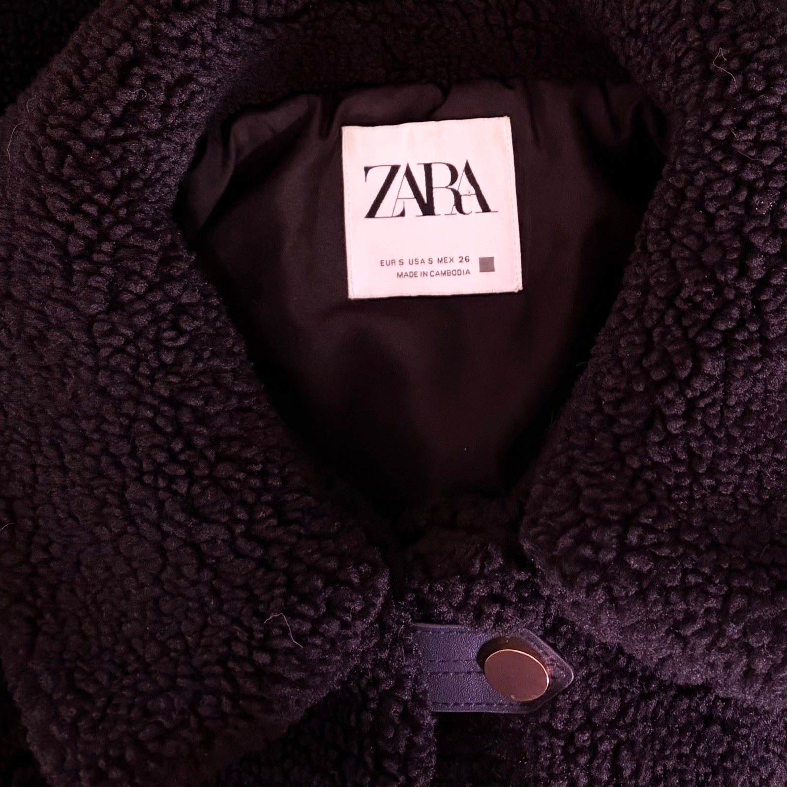 ZARA Black Sherpa Fuzzy Fleece Teddy Coat Faux Shearling Snaps Pockets Small