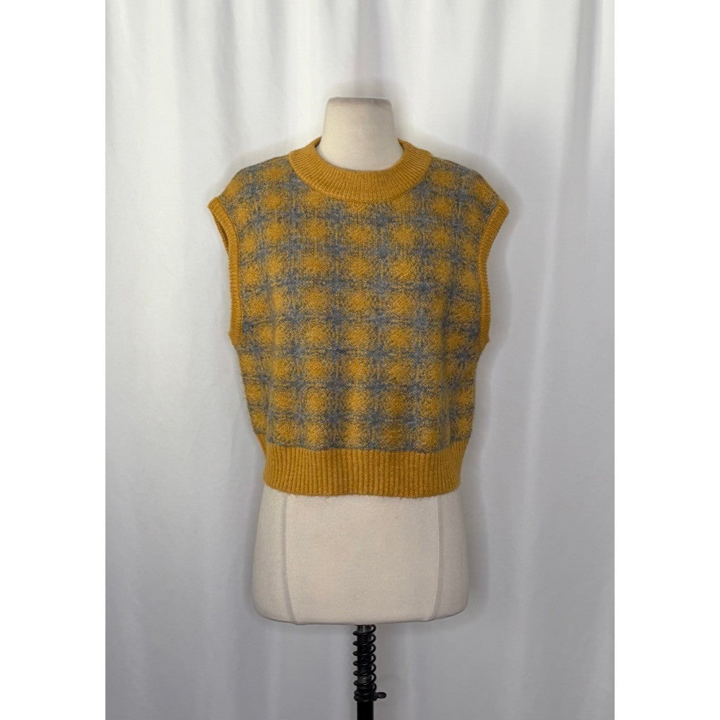 ZARA Chunky Wool Sweater Vest Plaid Star Pattern Yellow Gray Academia Small