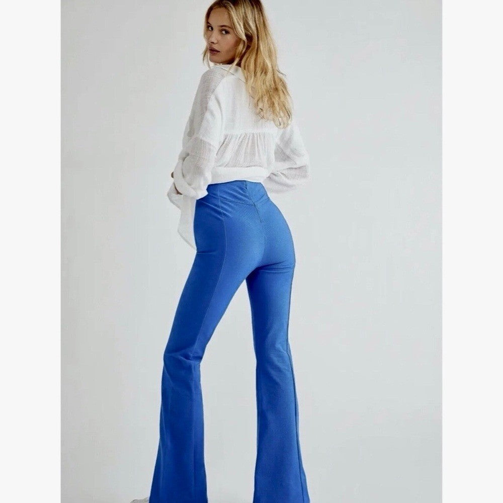 NWT! FREE PEOPLE Real Deal Split Flare Pants Blue High Rise Waist Stretch Medium