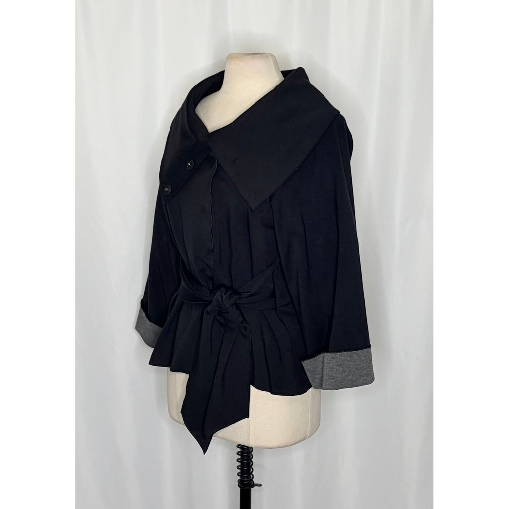 THEORY Sheena Solid Black Belted Jacket Snap Closures Viscose Knit Stretch Large