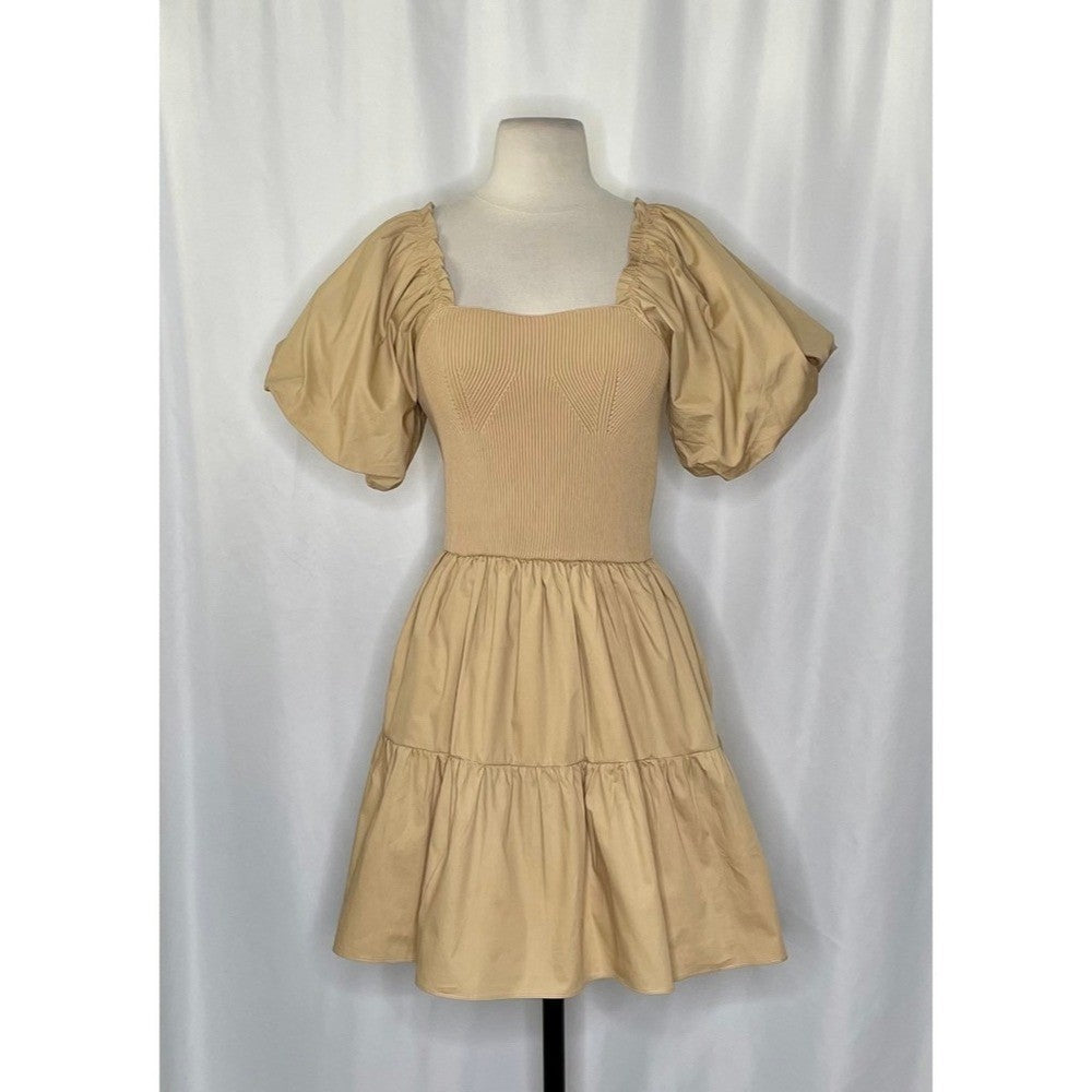 NWT! ENDLESS ROSE Mix Media Mini Dress Latte Brown Puff Sleeves Corset Bodice XS