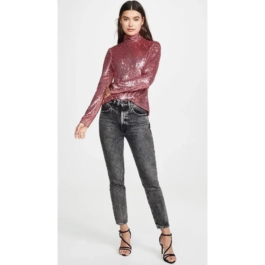 CINQ A SEPT Joan Sequin Top Blouse Rosewood Pink Mock Neck Sequinned X-Small