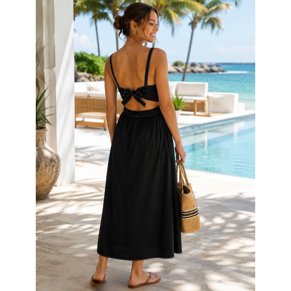 ZARA Luiza Black Midi Dress Tie Back Contrast Stitching Pockets Poplin X-Large