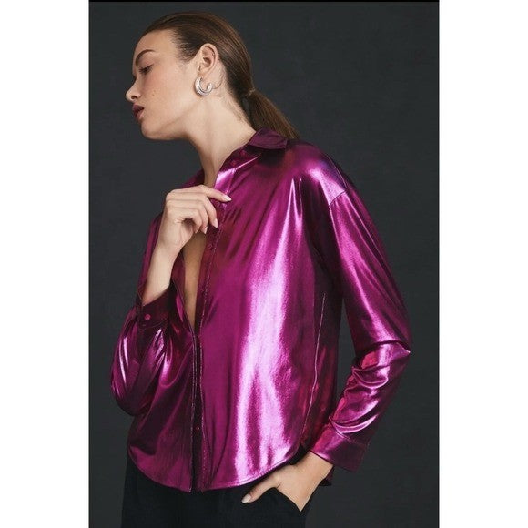 By ANTHROPOLOGIE Magenta Pink Shimmer Shine Lamé Buttondown Top Blouse X-Small