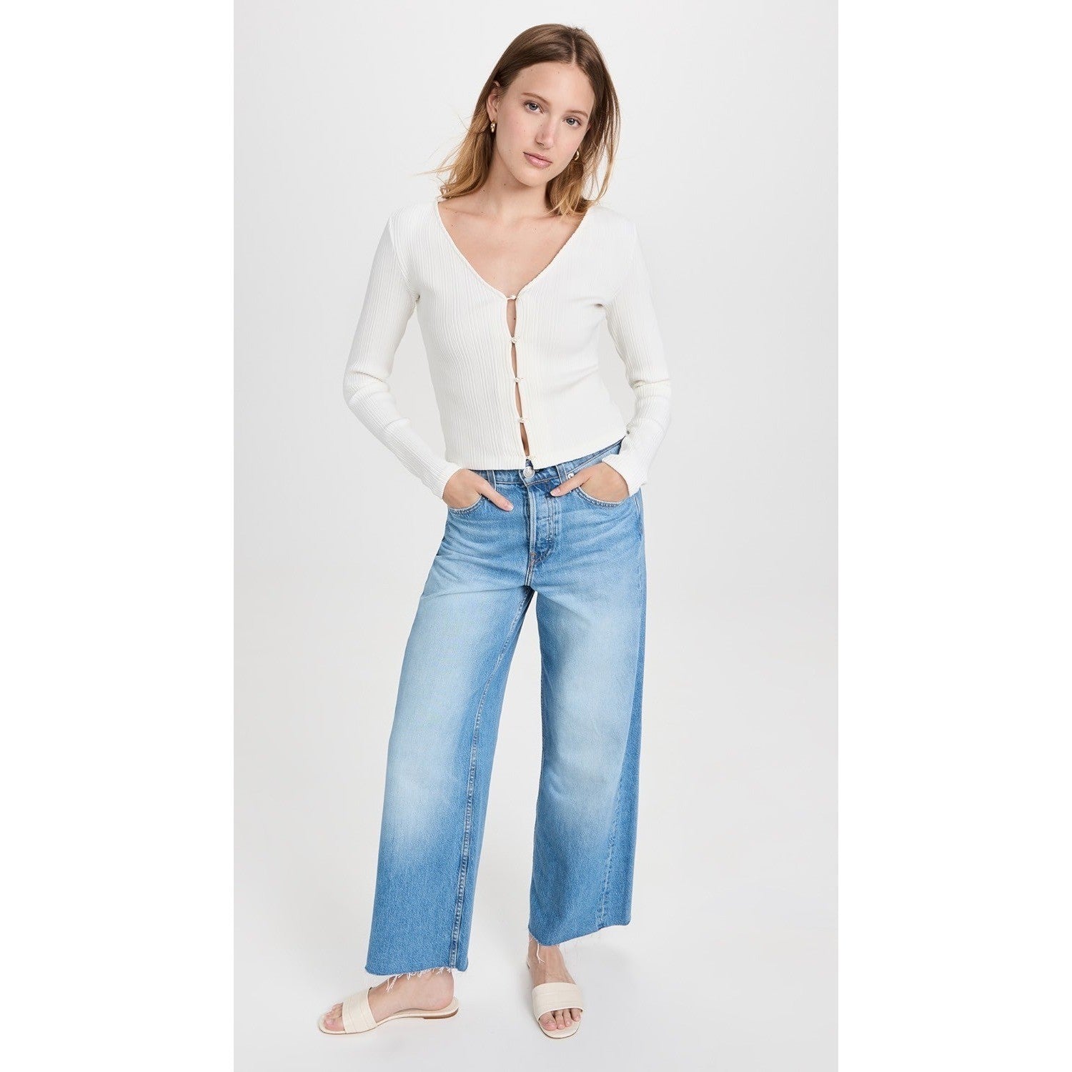 VINCE Pearl Button Cardigan Sweater Off White Ribbed Cropped V Neck X-Large