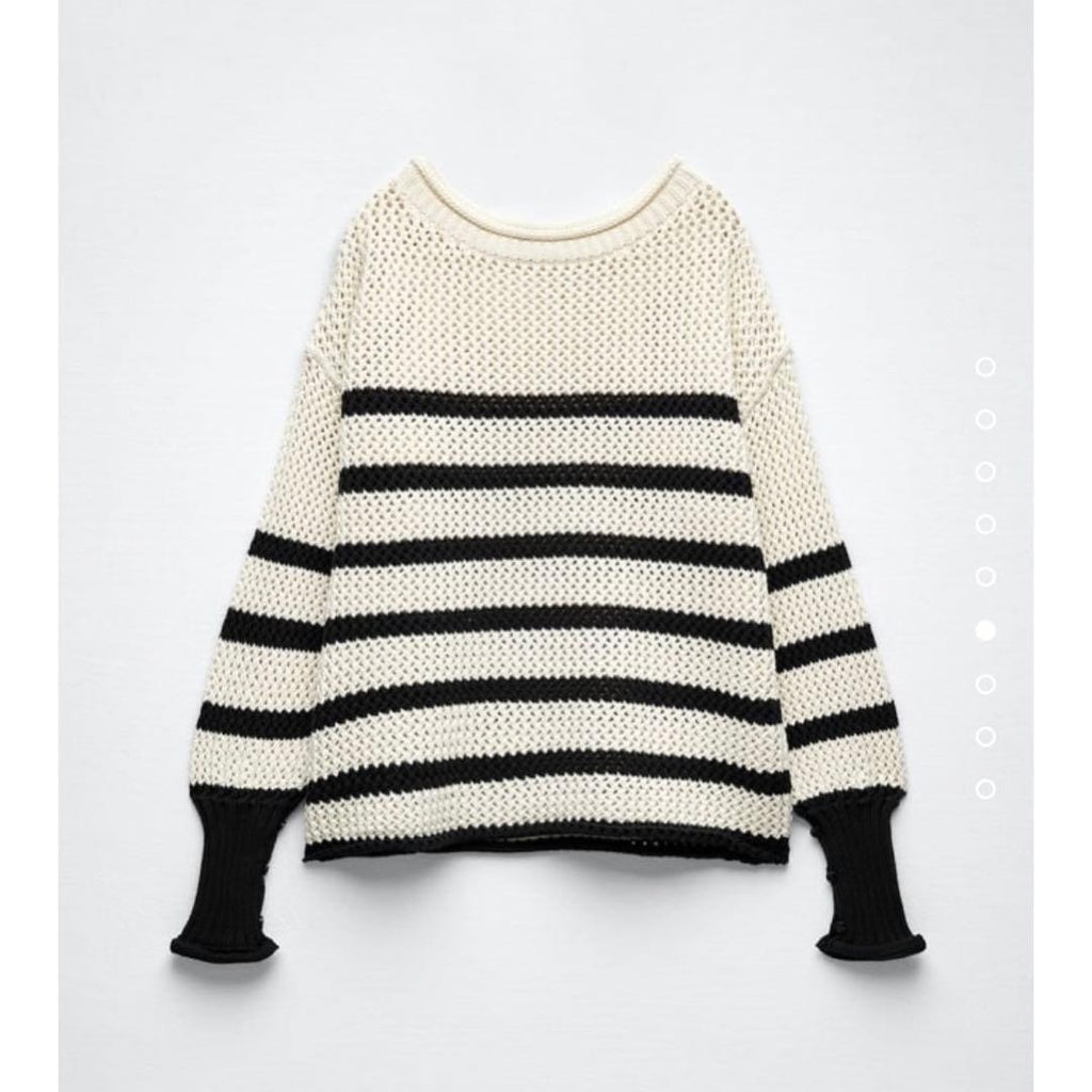 NWT!! ZARA Navy Ivory Striped Pullover Sweater Open Knit Nautical X-Small Small
