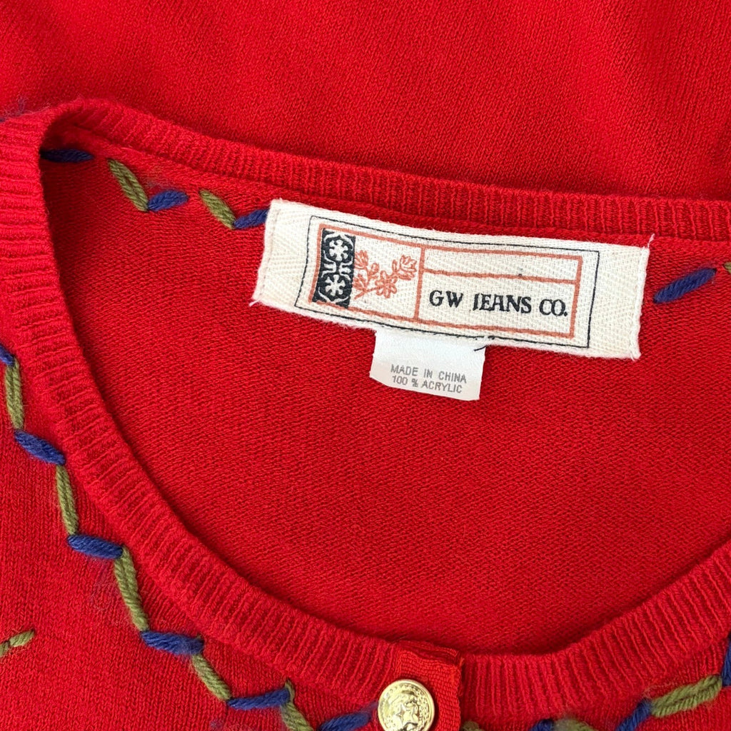 GW JEANS CO. Red Embroidered Asian Floral Cardigan Sweater Medium