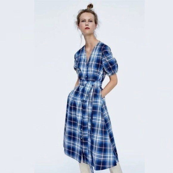 ZARA Blue Plaid Taffeta Dress Belted Tie Waist Midi Buttondown Preppy Small