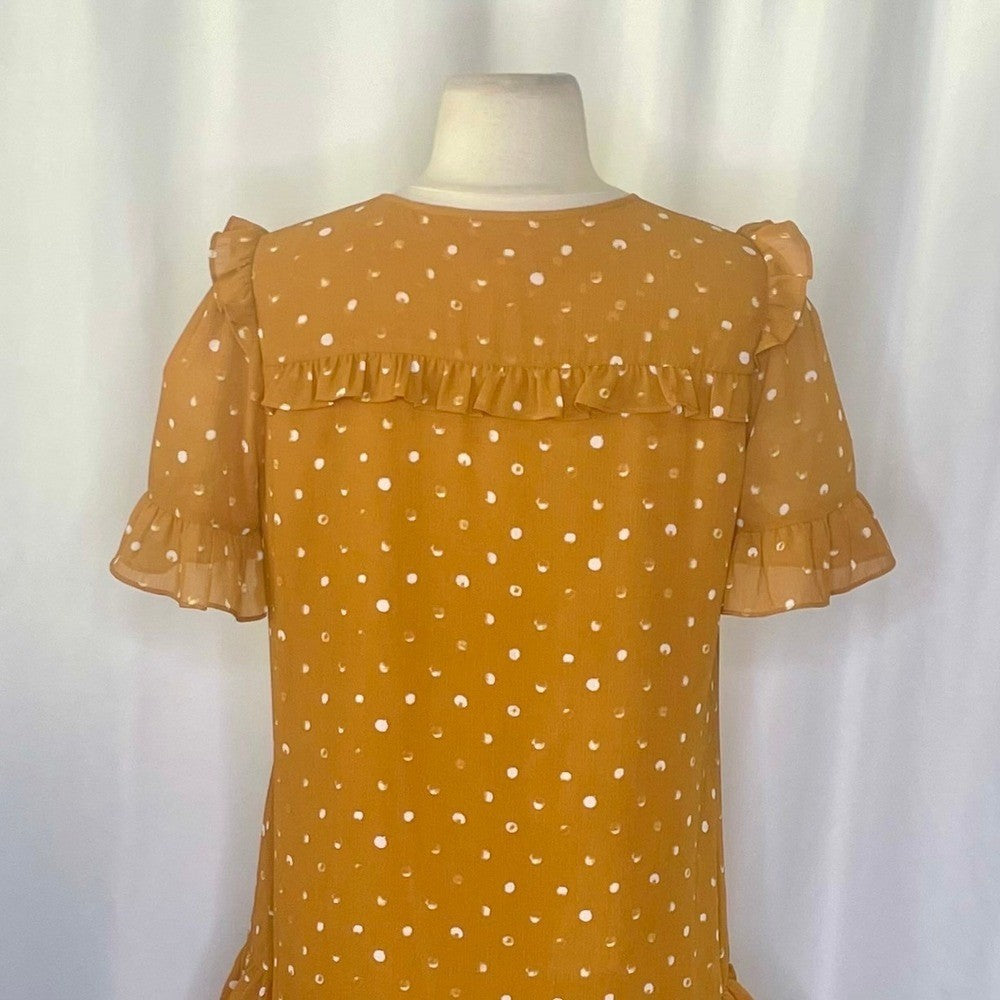 J. CREW Point Sur Ruffled Crinkle Polka Dot Dress Warm Caramel Party Size 2