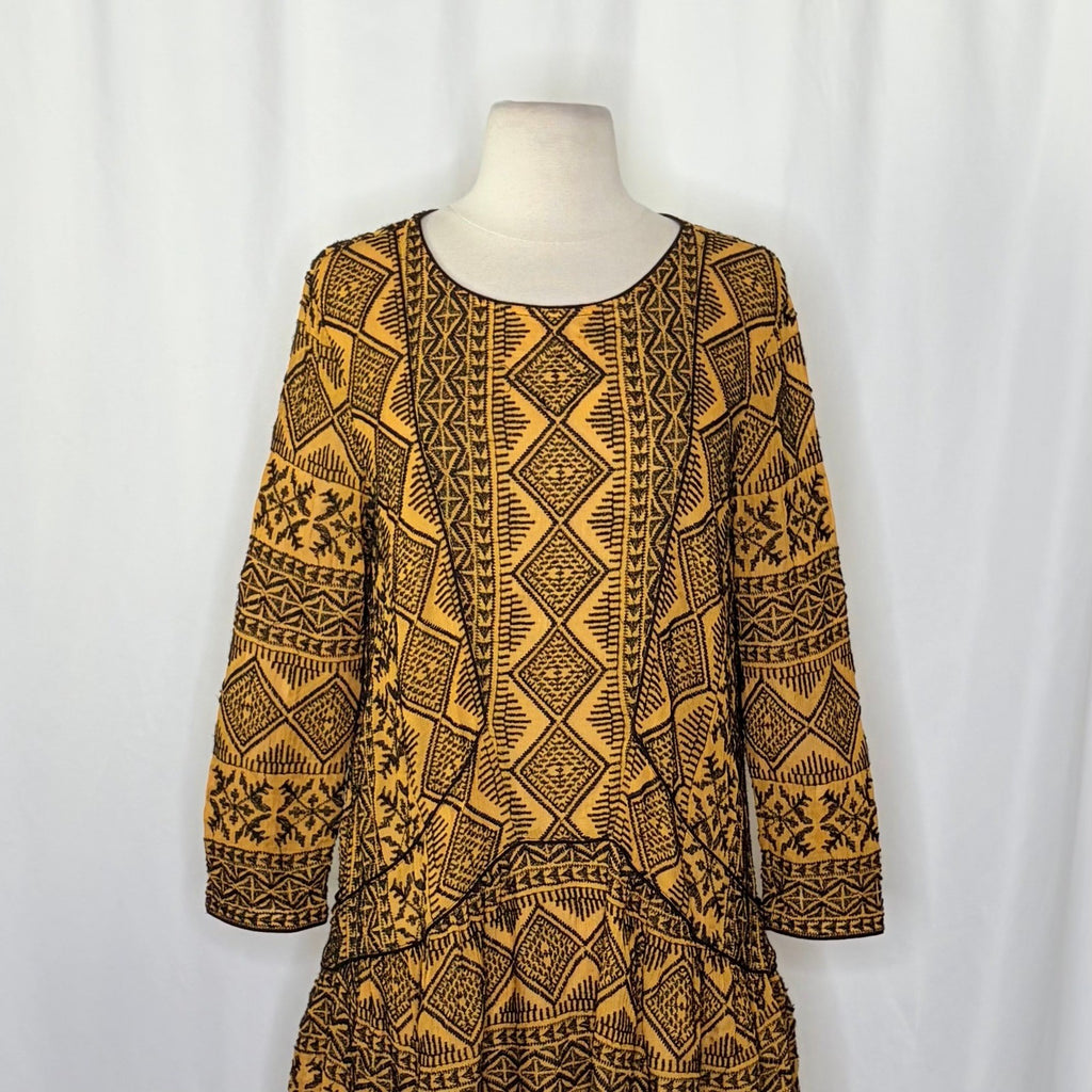 BA&SH Mara Embroidered Geometric Drop Waist Dress Golden Yellow Size 2 / Medium