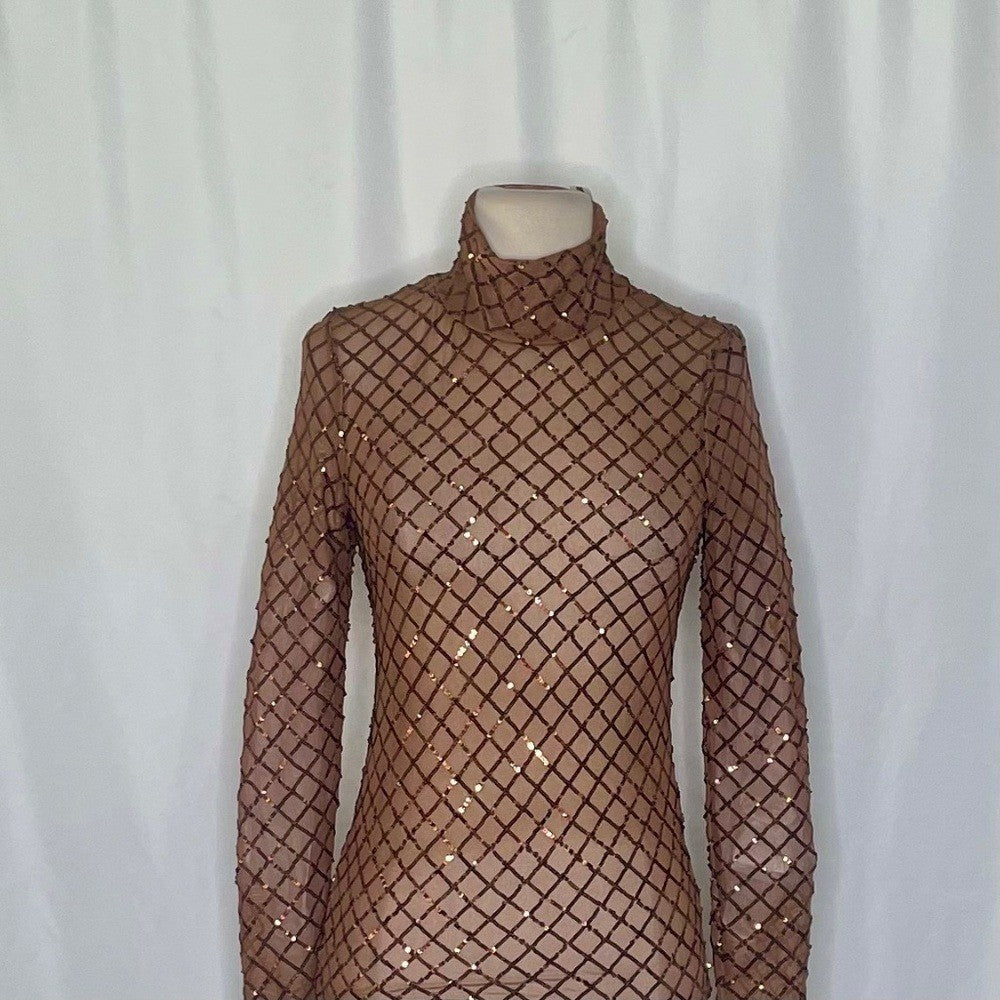 NWT!! Anthropologie PILCRO Turtleneck Sequin Top Shirt Bronze Party Glam X-Small