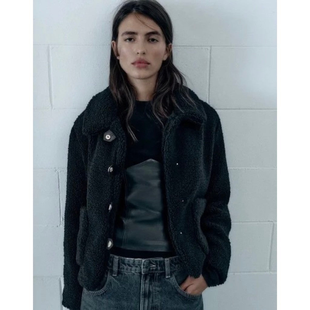 ZARA Black Sherpa Fuzzy Fleece Teddy Coat Faux Shearling Snaps Pockets Small