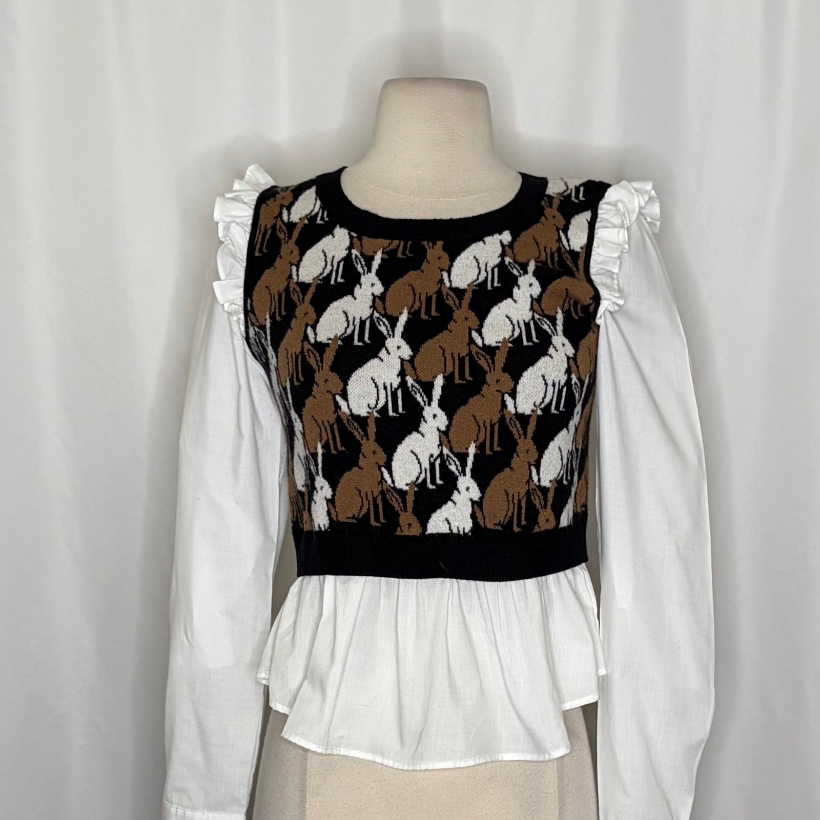 Anthropologie MAEVE Ruffled Twofer Sweater Vest Rabbits Bunny Cottagecore Small