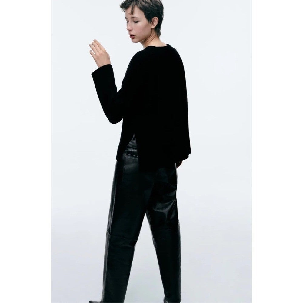 ZARA Wool Blend Solid Black Shaker Knit Pullover Sweater Minimalist Medium