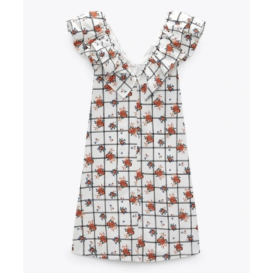 NWT!! ZARA Floral Plaid Lattice Ruffle Sleeve Dress Shift Blogger Favorite Large