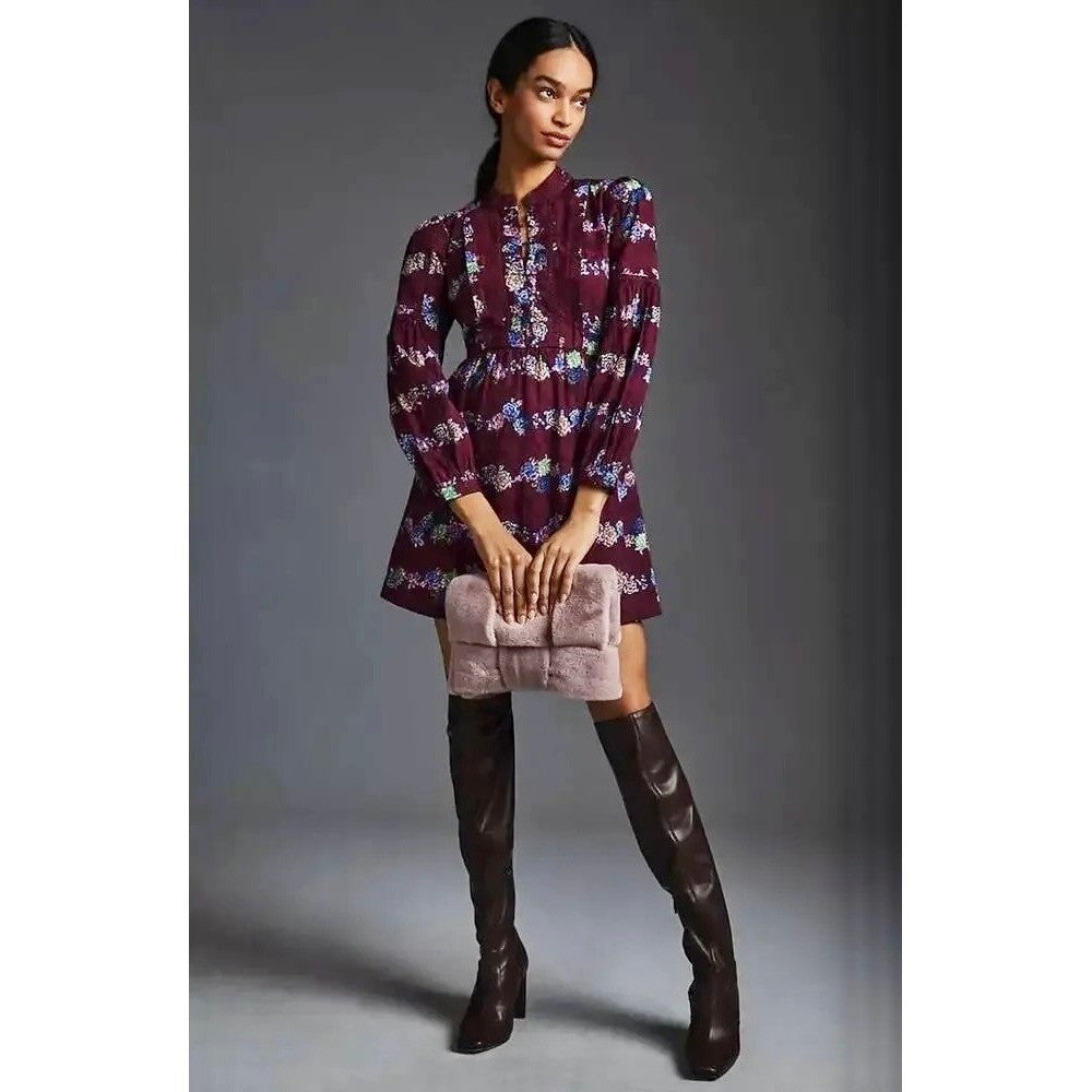 BY ANTHROPOLOGIE Mini Tunic Long Sleeve Dress Floral Lace Trims Purple X-Small