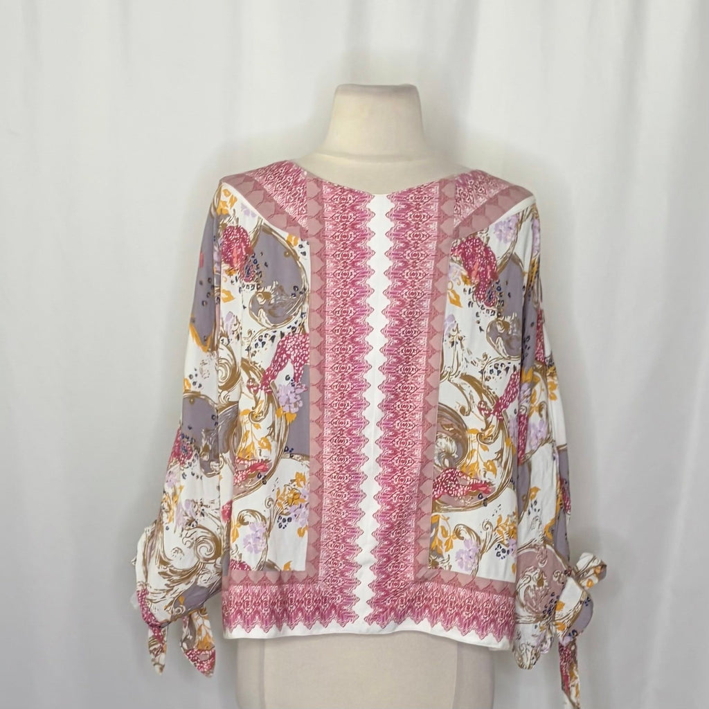 FREE PEOPLE Catch Me If You Can Top Blouse Boho Floral Tie Sleeves Pink Small