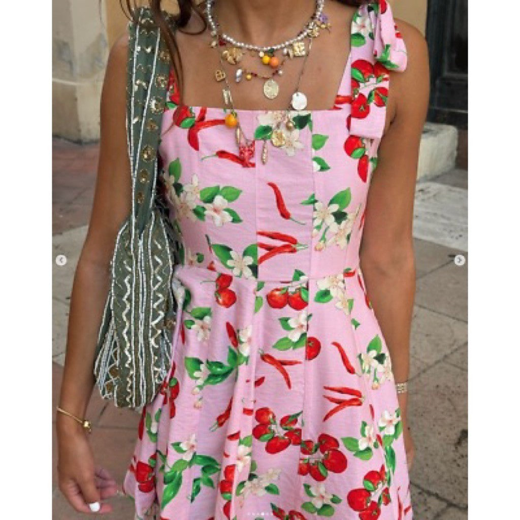 NWT!! ZARA Pink Cherries Veggie Print Mini Dress Cherry Vacation Medium