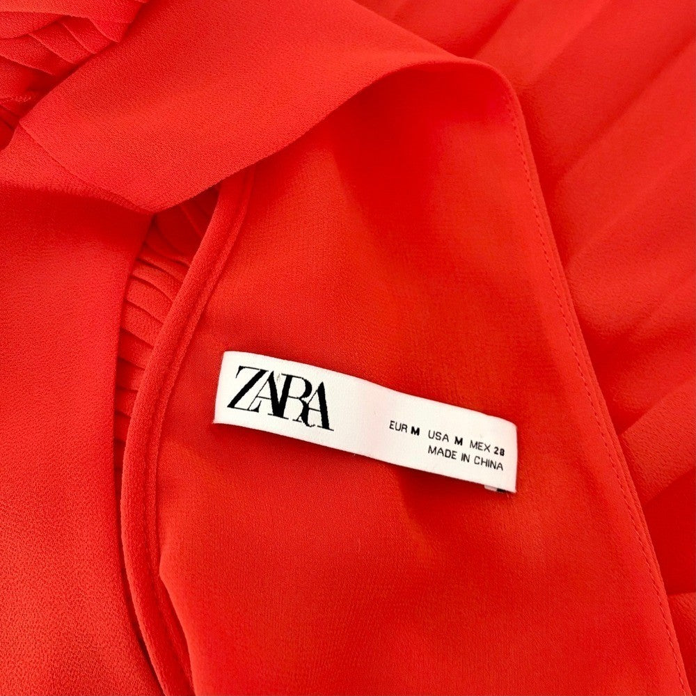 ZARA Pleated Ruffled Red Maxi Dress Plunge V Neckline Valentine 2731/060 Medium