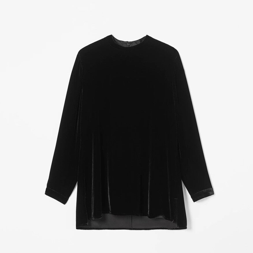 EILEEN FISHER Velvet Mock Neck Top Blouse Solid Black Tunic Pullover X-Small