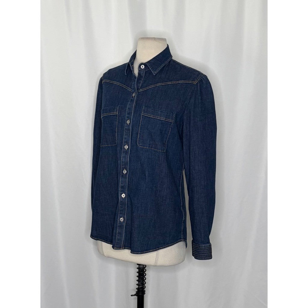 Women's UNTUCKIT Jenna Buttondown Denim Shirt Top Pockets Dark Wash Preppy 8