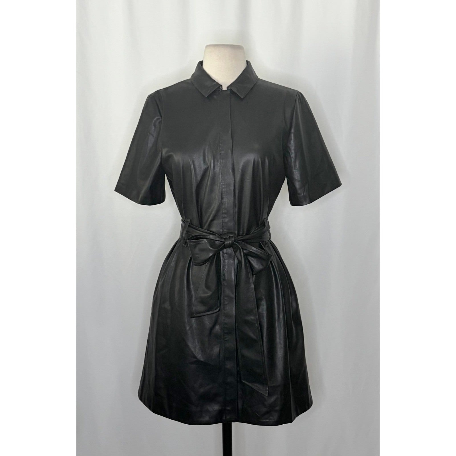NWT!! J. CREW Solid Black Button Front Faux Leather Dress Belted Vegan Small