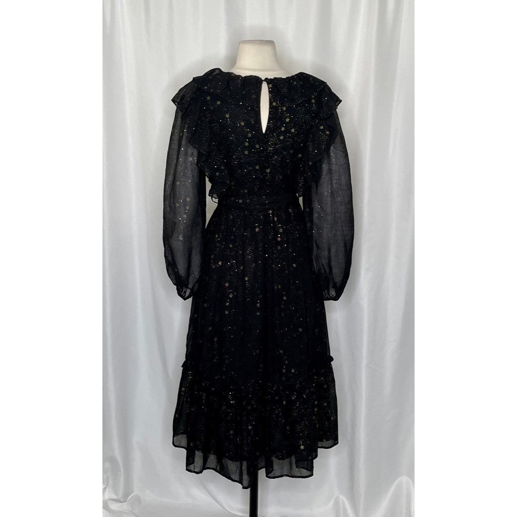 BY THE RIVER Chiffon Midi Dress Ruffled Black Gold Stars Party Glam Star Small