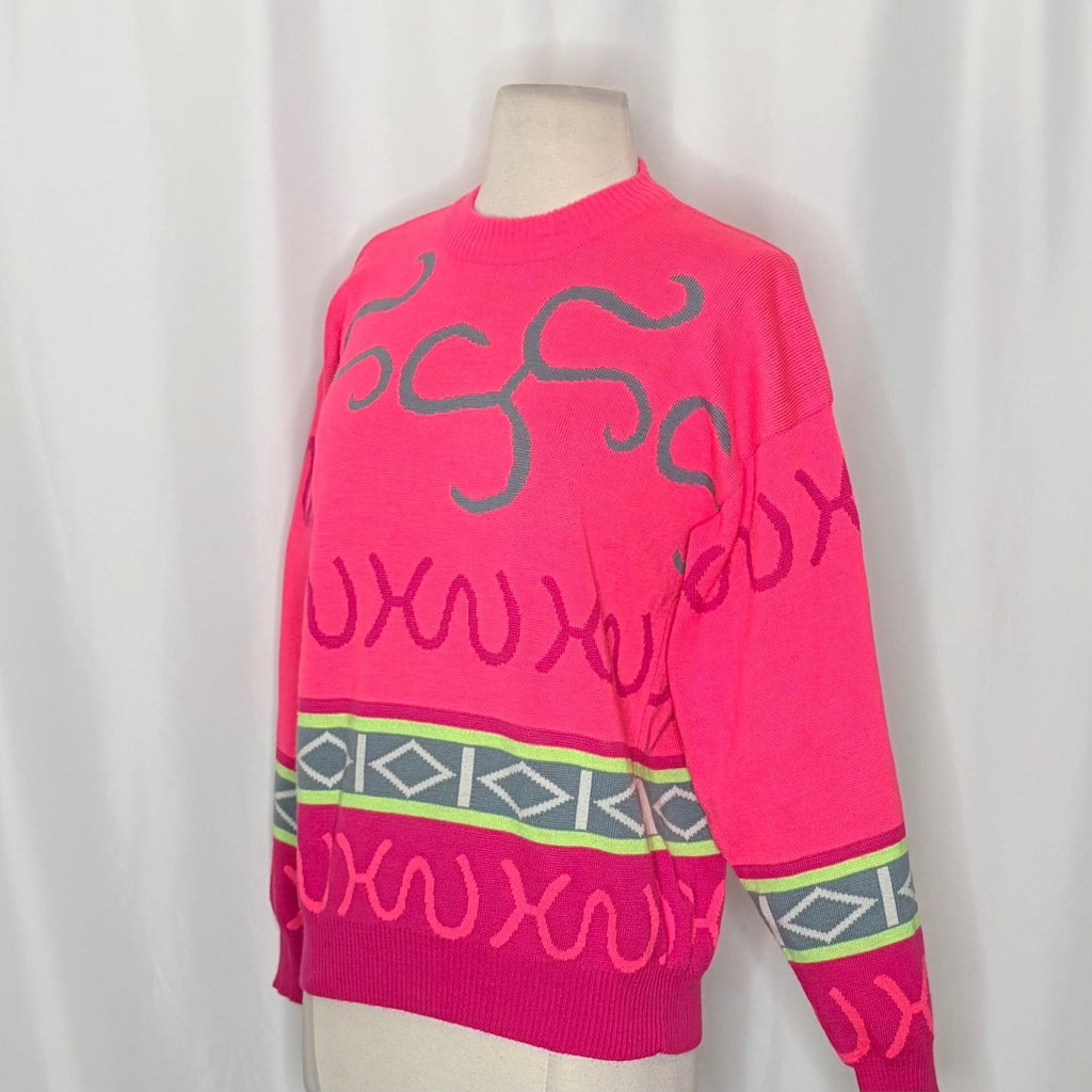 Vintage SUMMIT COUNTY Sporty Wool Blend Crew Neck Sweater Pink Colorful Medium